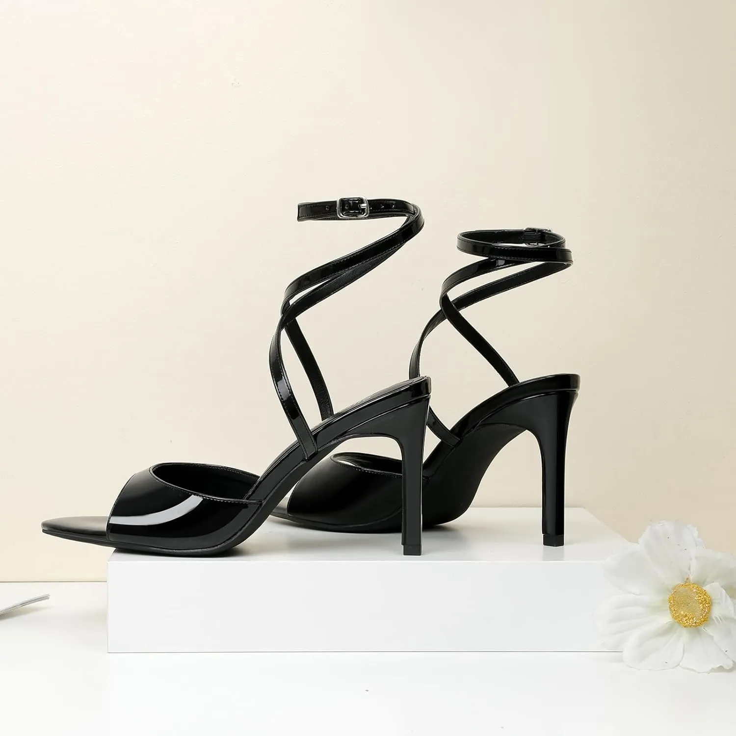 Susanny High Heels for Women Pointed Open Toe Strappy Chunky Block Heels Ankle Strap Stiletto Kitten Heeled Sandals Wedding Bridal Party Prom Sexy Dress Shoes
