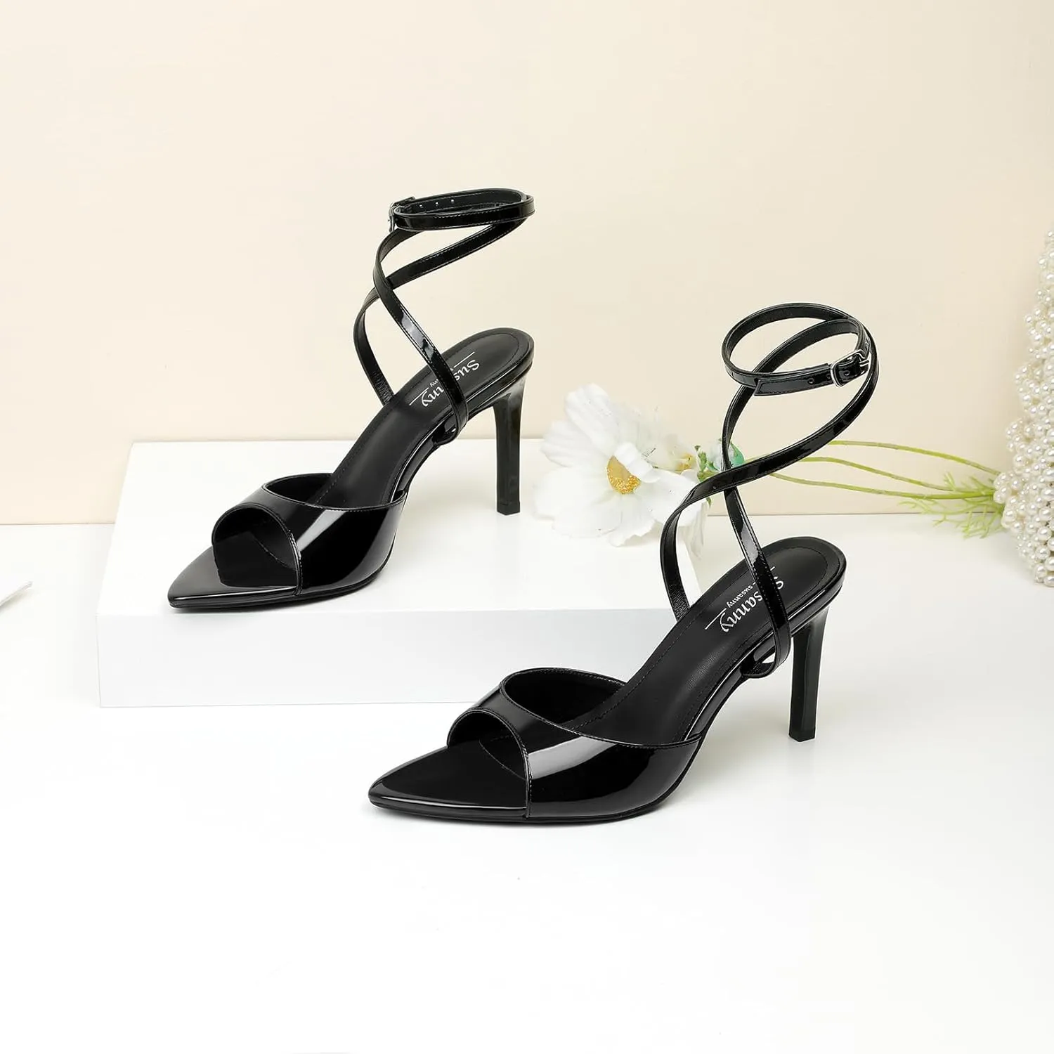 Susanny High Heels for Women Pointed Open Toe Strappy Chunky Block Heels Ankle Strap Stiletto Kitten Heeled Sandals Wedding Bridal Party Prom Sexy Dress Shoes