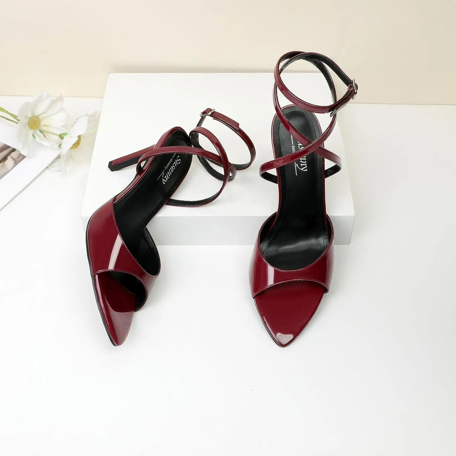 Susanny High Heels for Women Pointed Open Toe Strappy Chunky Block Heels Ankle Strap Stiletto Kitten Heeled Sandals Wedding Bridal Party Prom Sexy Dress Shoes