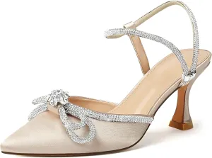 Susanny Women's Closed Toe Rhinstone Wedding Low Heel Slingback Clear Kitten Heels,Adjustable Strap Pointed Toe Bow Pumps High Heeled Prom Dress Shoes