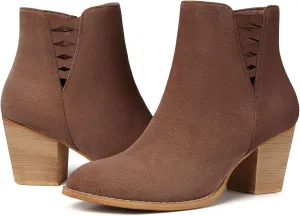 TEMOFON Ankle Boots for Women Booties: Brown Short Boots Low Chunky Heel Side Zipper - Fall 2024 Suede Comfortable Dressy Booties Shoes Size 7