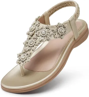 TEMOFON Sandals for Women Flat Dressy: Summer Flower Sandals with Ankle Strap Comfortable Casual Walking Flat Sandals Size 5-11