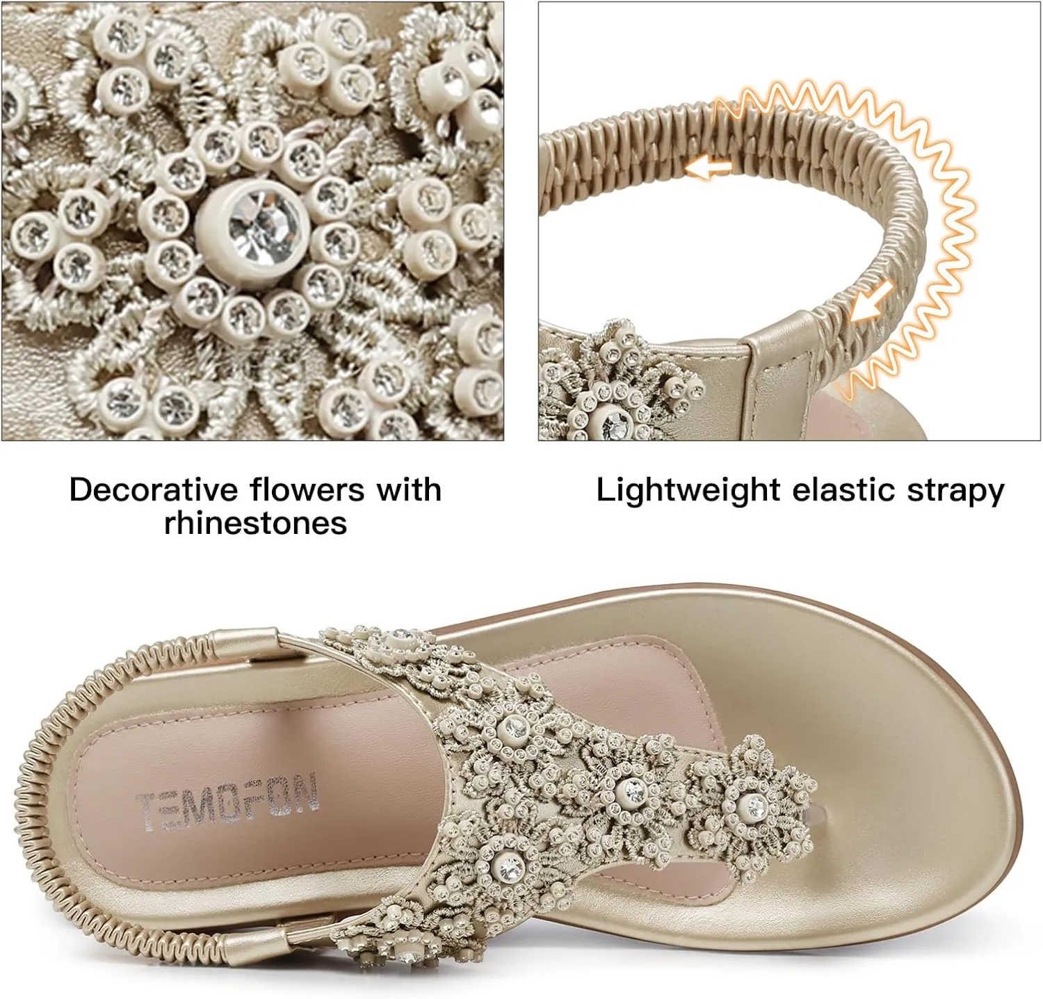 TEMOFON Sandals for Women Flat Dressy: Summer Flower Sandals with Ankle Strap Comfortable Casual Walking Flat Sandals Size 5-11