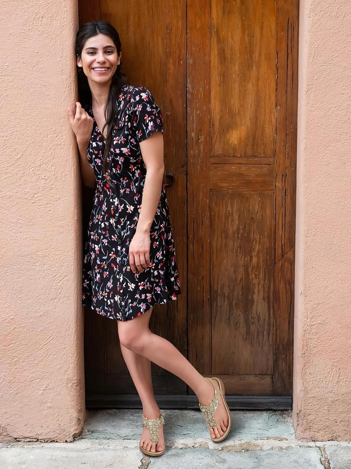 TEMOFON Sandals for Women Flat Dressy: Summer Flower Sandals with Ankle Strap Comfortable Casual Walking Flat Sandals Size 5-11
