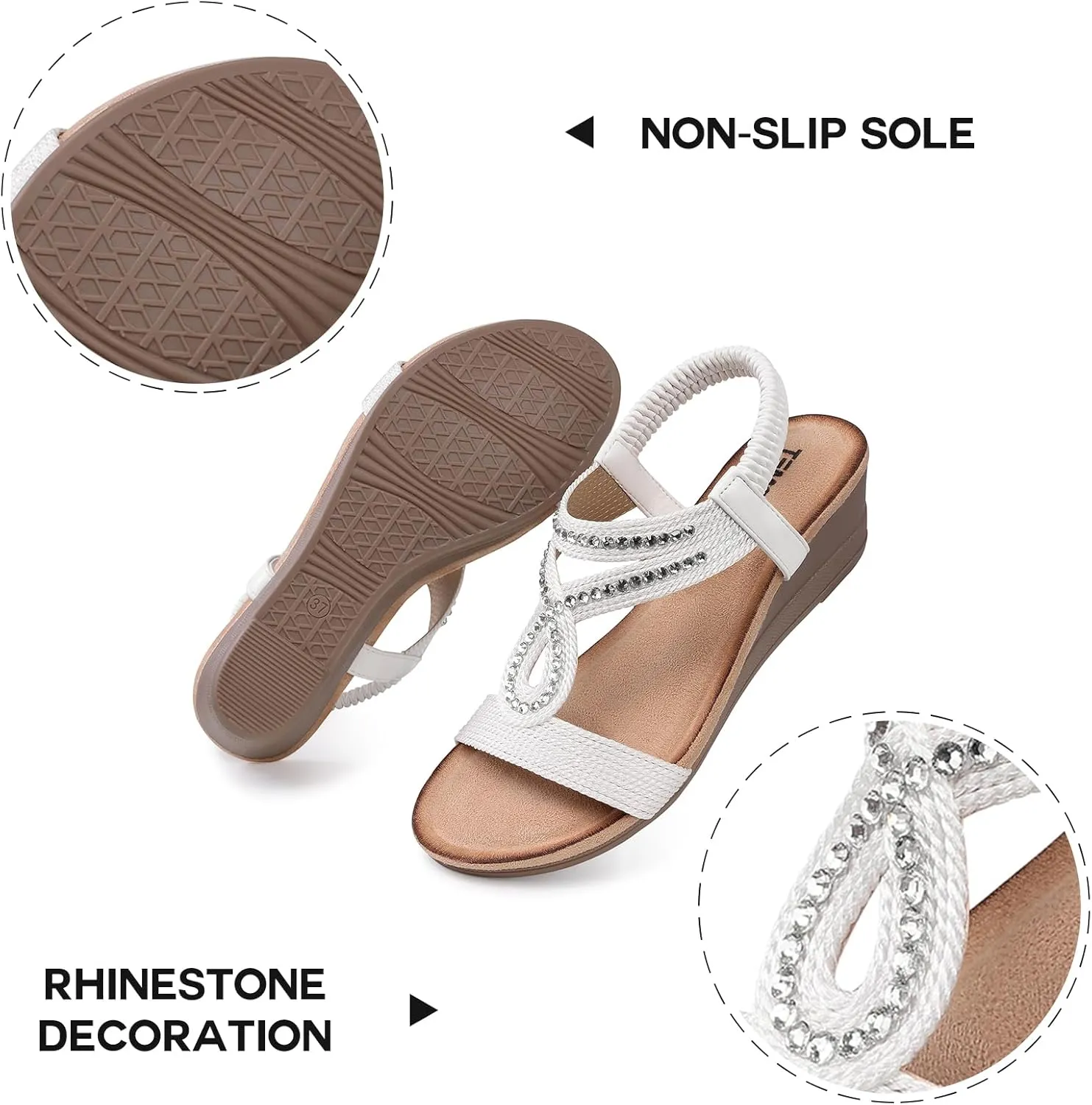 TEMOFON Wedge Sandals for Women Dressy: Low Wedge Sandals Women Comfortable Dressy Walking - Summer Casual Elastic Strappy Open Toe Rhinestone Shoes