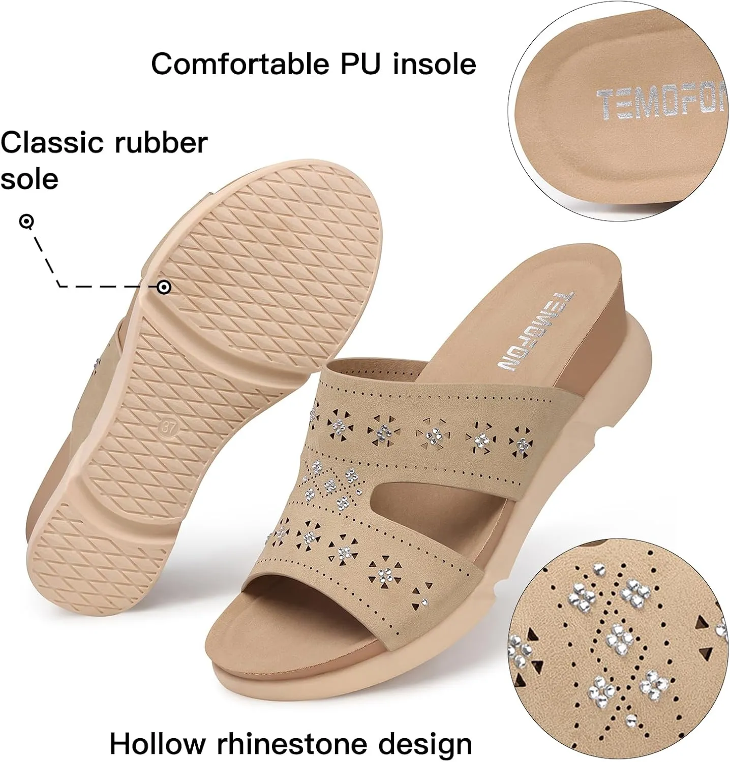 TEMOFON Wedge Sandals for Women Dressy: Summer Hollow Out Flowers with Rhinestone - Womens Comfortable Low Wedges Walking Platform Sandal