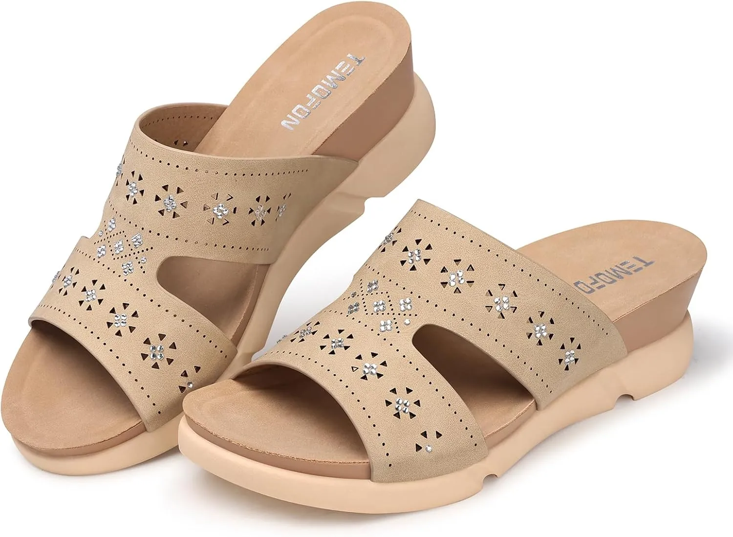 TEMOFON Wedge Sandals for Women Dressy: Summer Hollow Out Flowers with Rhinestone - Womens Comfortable Low Wedges Walking Platform Sandal