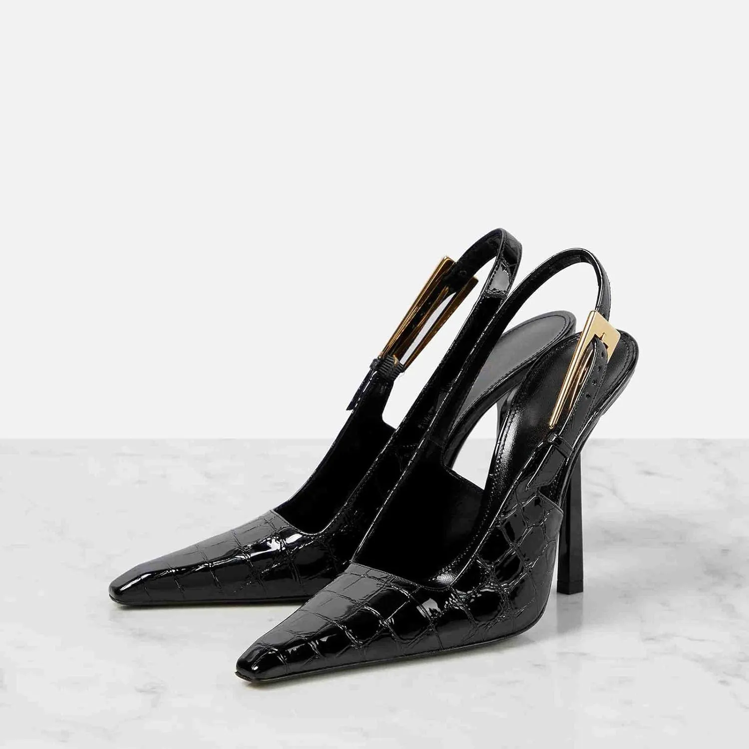 THESHY Women's Slingback Stiletto High Heels Square Toe Metal Buckle Pumps Backless Patent Leather Fashion Dress Shoes for Women