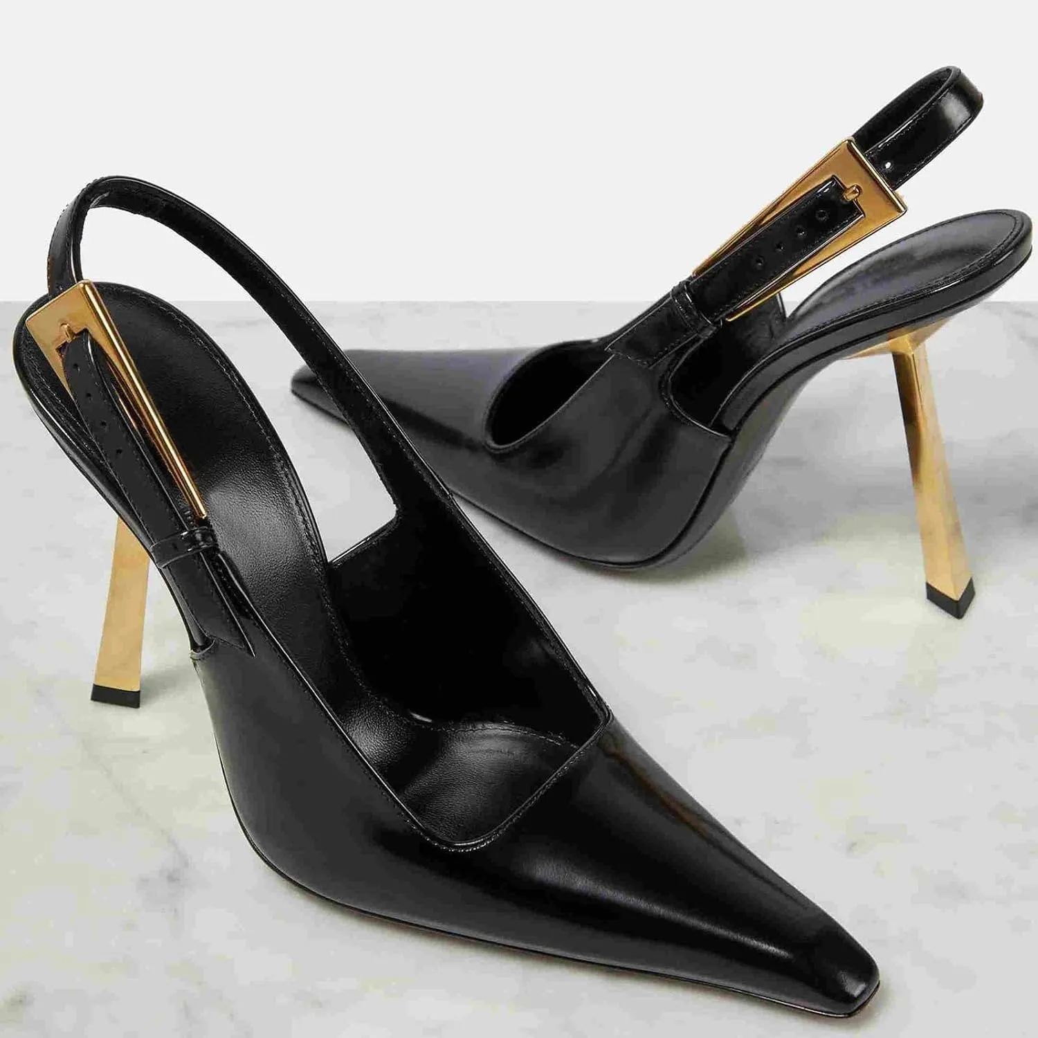 THESHY Women's Slingback Stiletto High Heels Square Toe Metal Buckle Pumps Backless Patent Leather Fashion Dress Shoes for Women