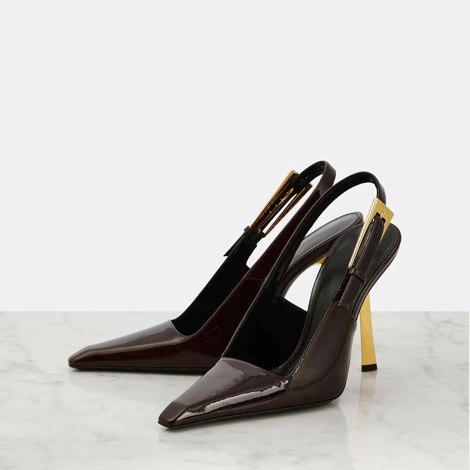 THESHY Women's Slingback Stiletto High Heels Square Toe Metal Buckle Pumps Backless Patent Leather Fashion Dress Shoes for Women