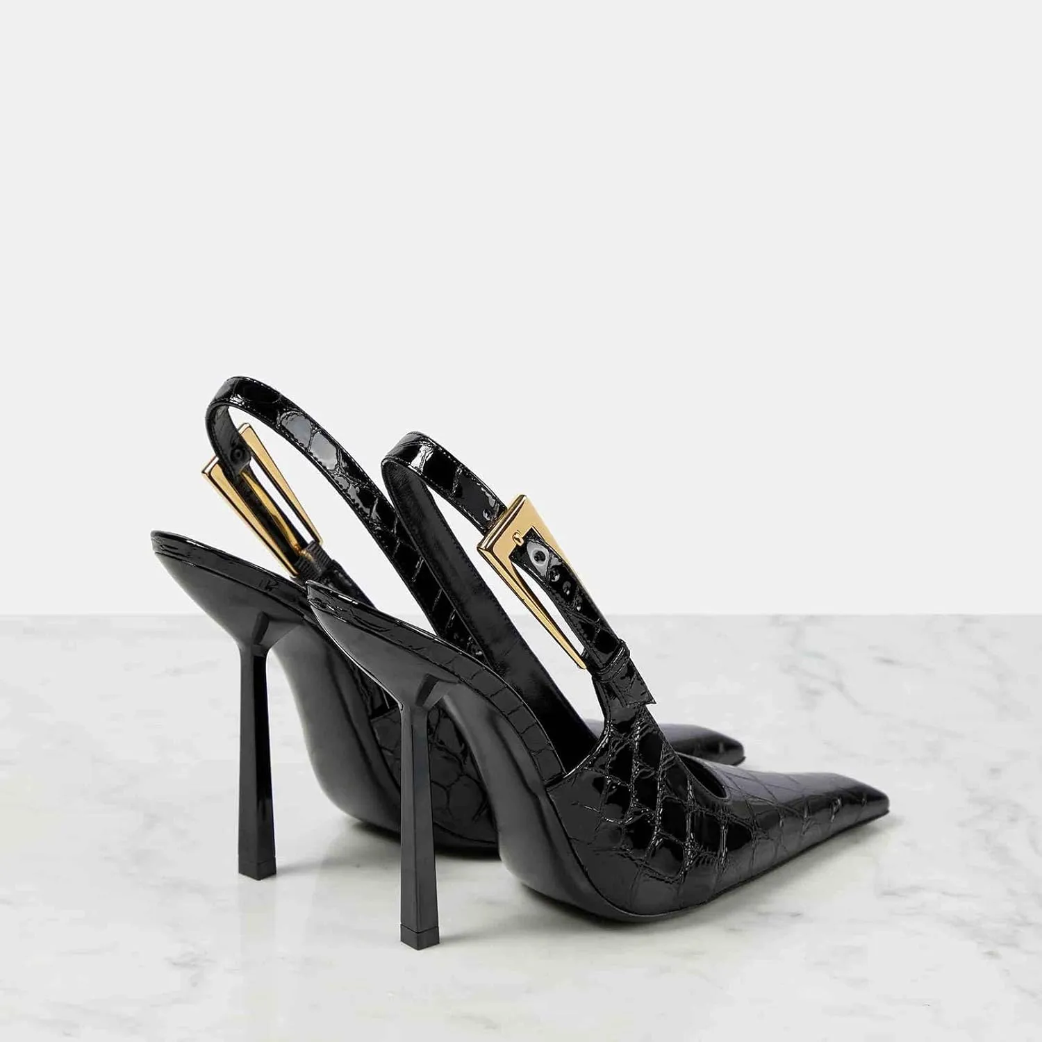 THESHY Women's Slingback Stiletto High Heels Square Toe Metal Buckle Pumps Backless Patent Leather Fashion Dress Shoes for Women
