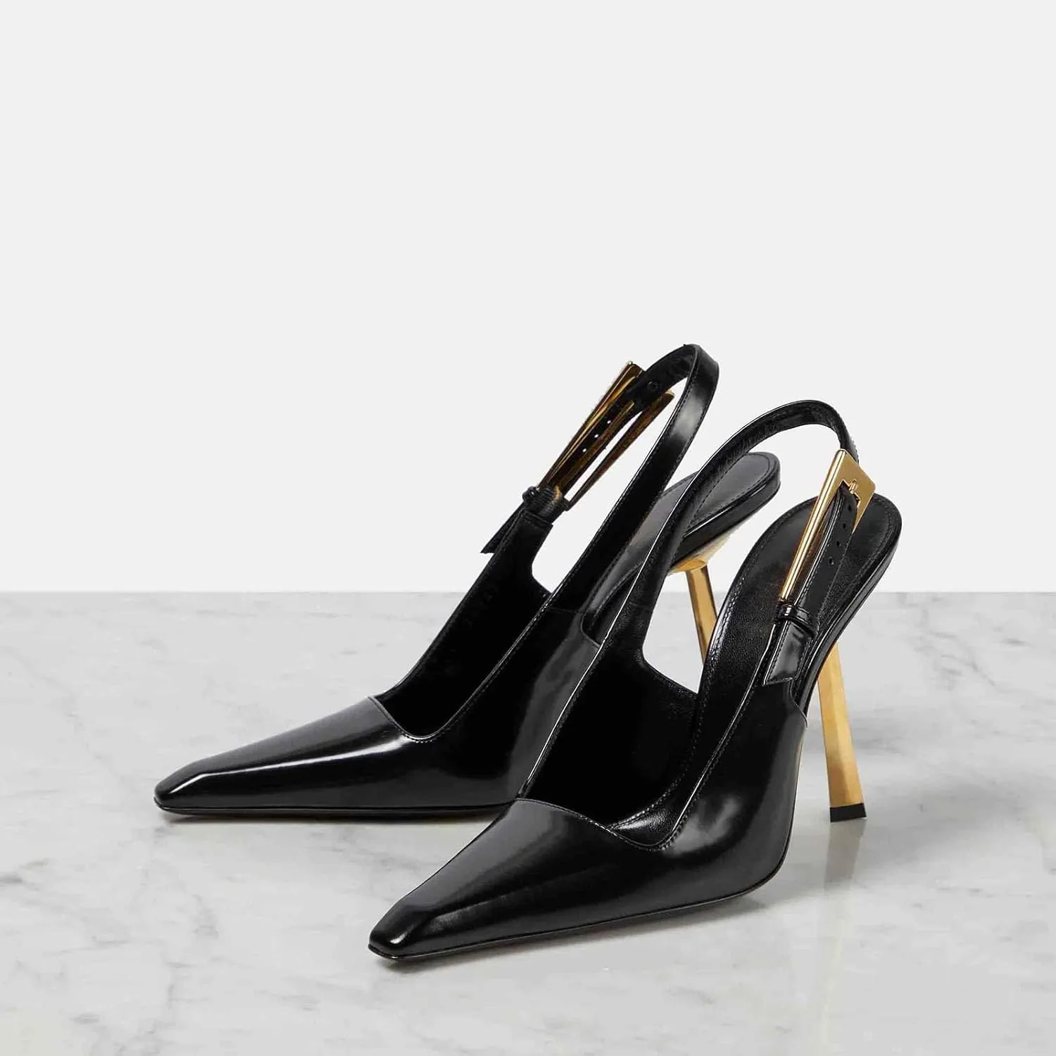 THESHY Women's Slingback Stiletto High Heels Square Toe Metal Buckle Pumps Backless Patent Leather Fashion Dress Shoes for Women