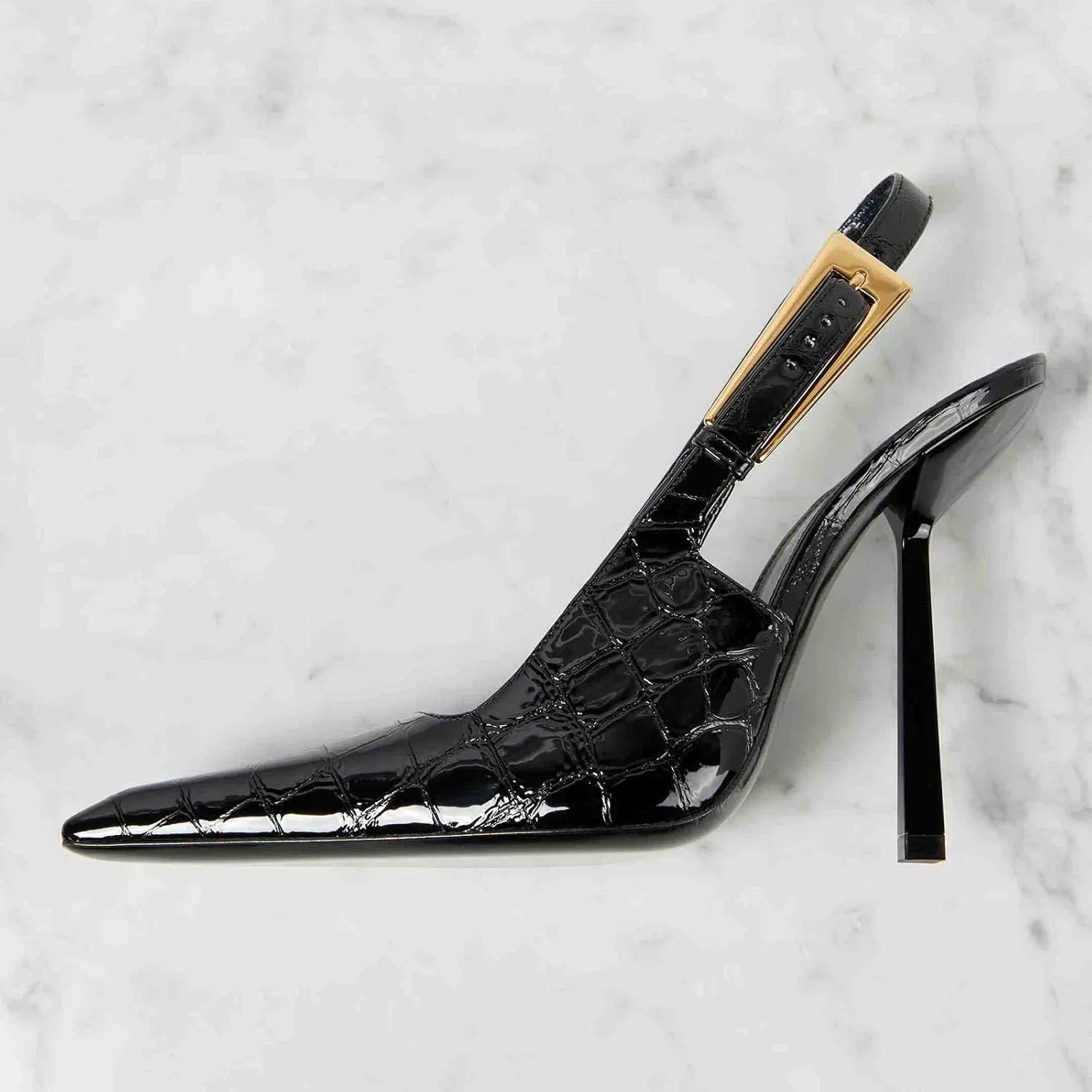 THESHY Women's Slingback Stiletto High Heels Square Toe Metal Buckle Pumps Backless Patent Leather Fashion Dress Shoes for Women