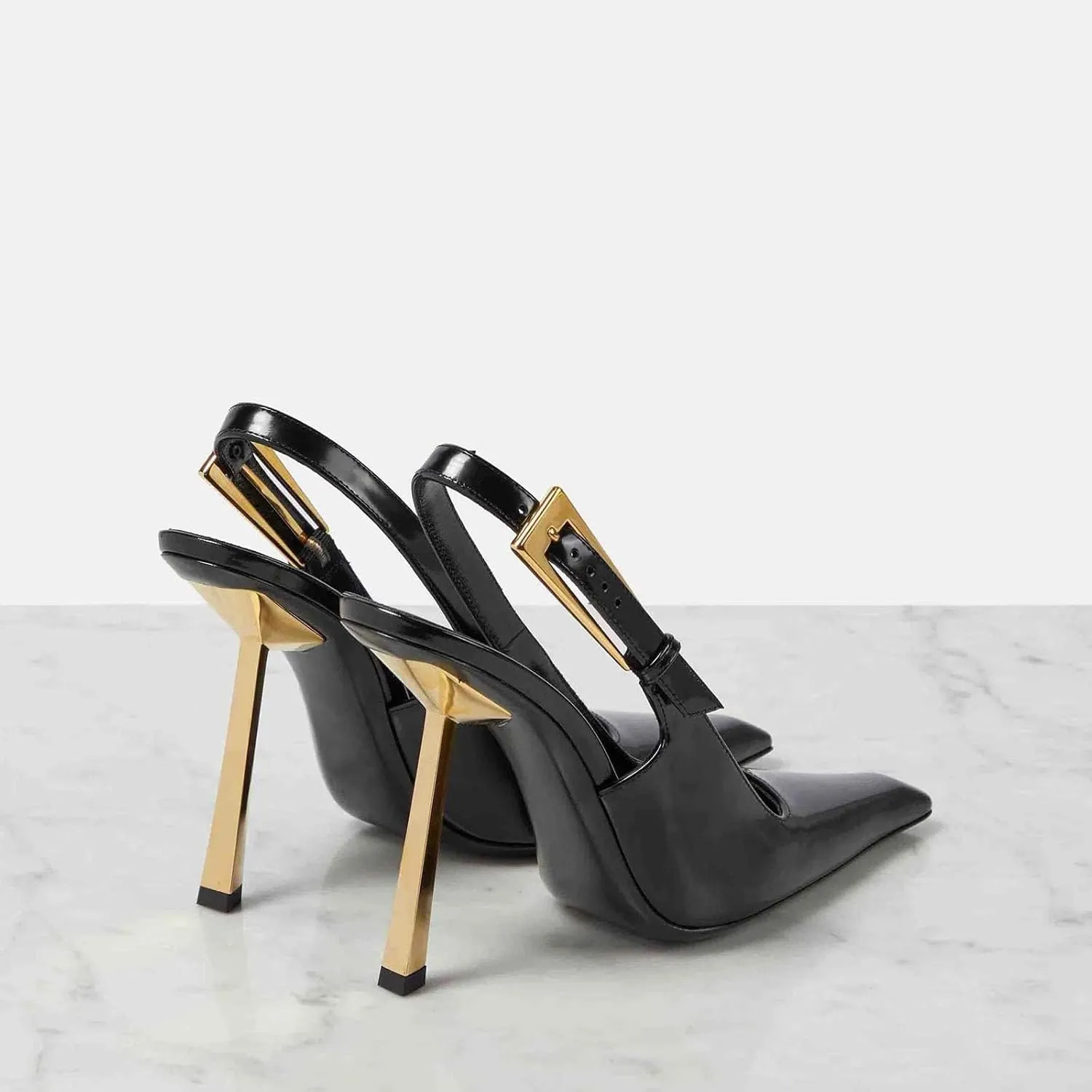 THESHY Women's Slingback Stiletto High Heels Square Toe Metal Buckle Pumps Backless Patent Leather Fashion Dress Shoes for Women