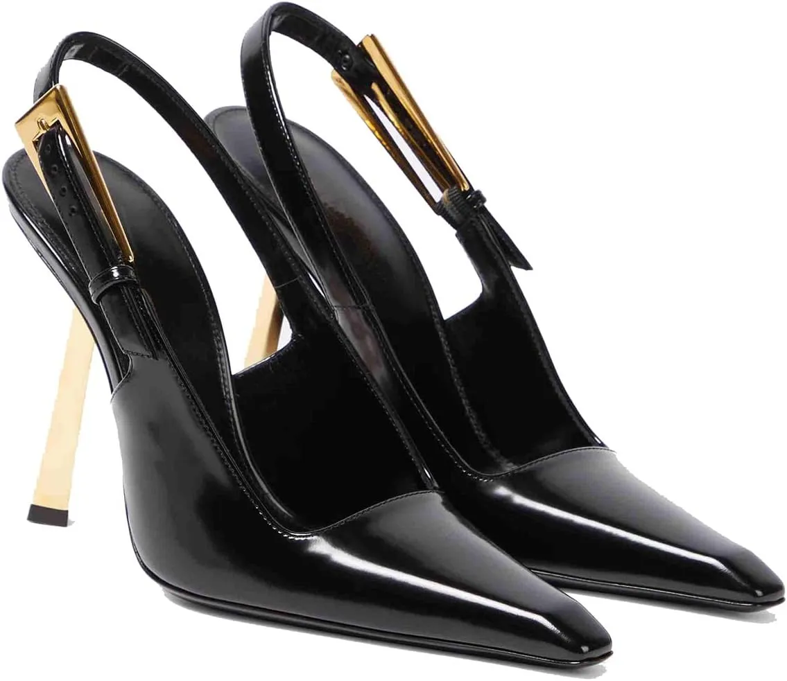 THESHY Women's Slingback Stiletto High Heels Square Toe Metal Buckle Pumps Backless Patent Leather Fashion Dress Shoes for Women