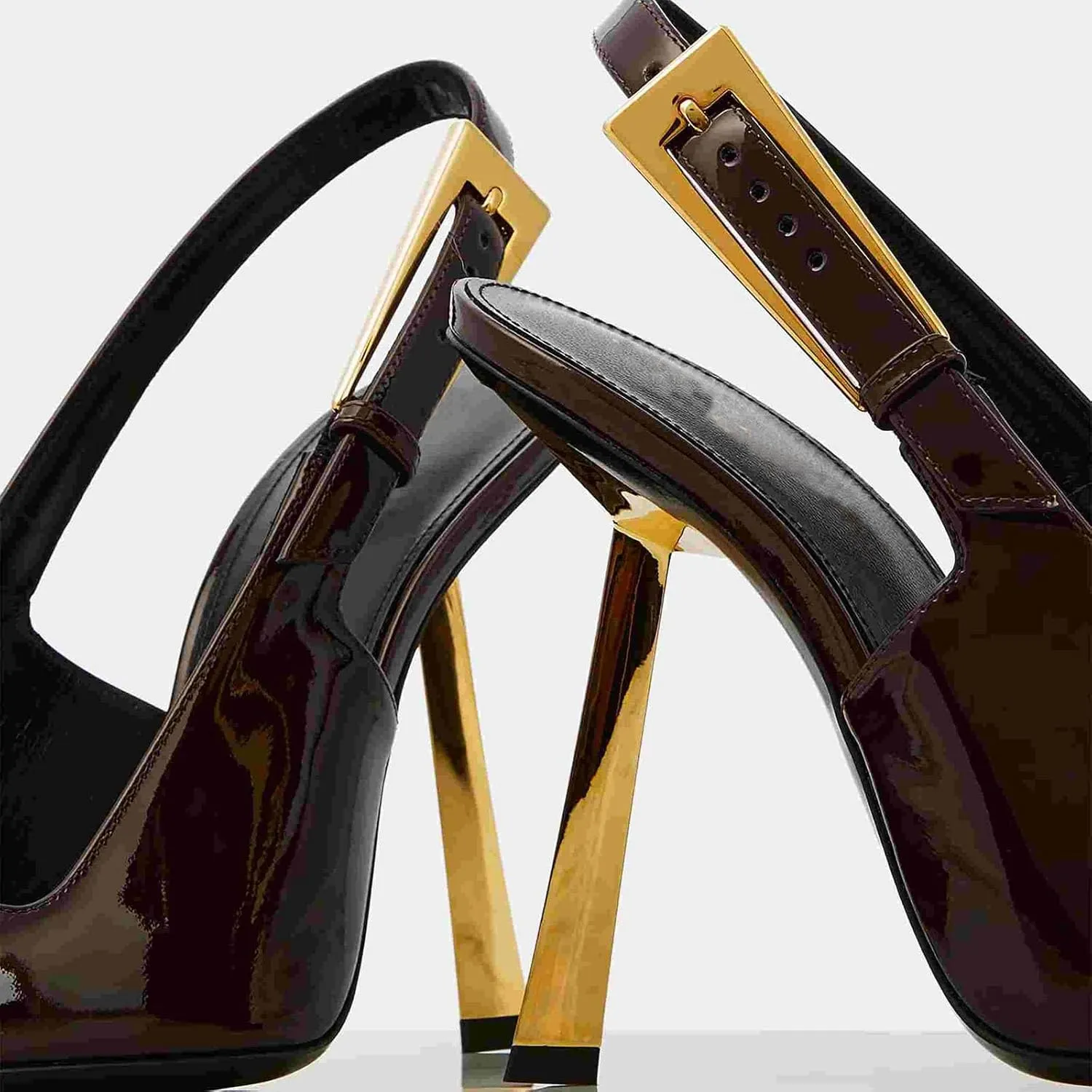THESHY Women's Slingback Stiletto High Heels Square Toe Metal Buckle Pumps Backless Patent Leather Fashion Dress Shoes for Women