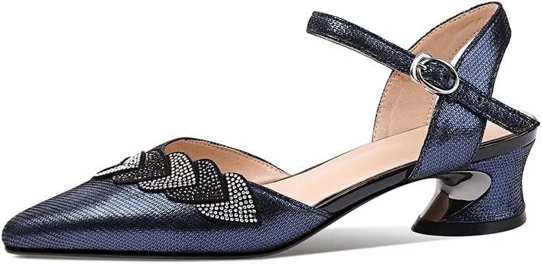 TinaCus Women's Genuine Leather Handmade Pointed Toe Low Chunky Heel Casual Sandals