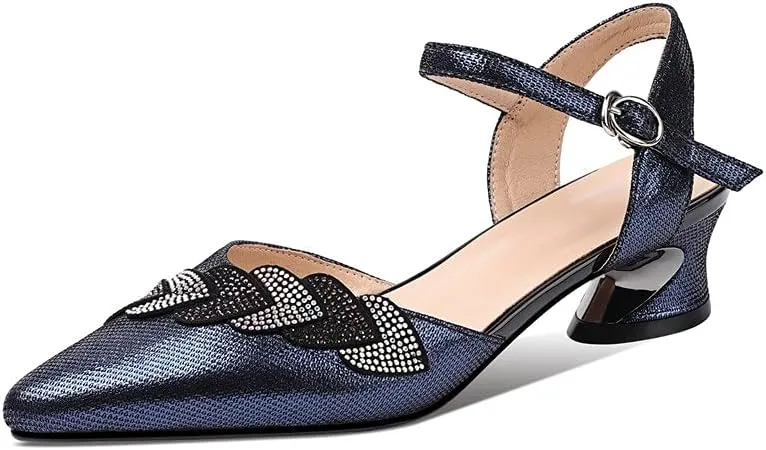 TinaCus Women's Genuine Leather Handmade Pointed Toe Low Chunky Heel Casual Sandals