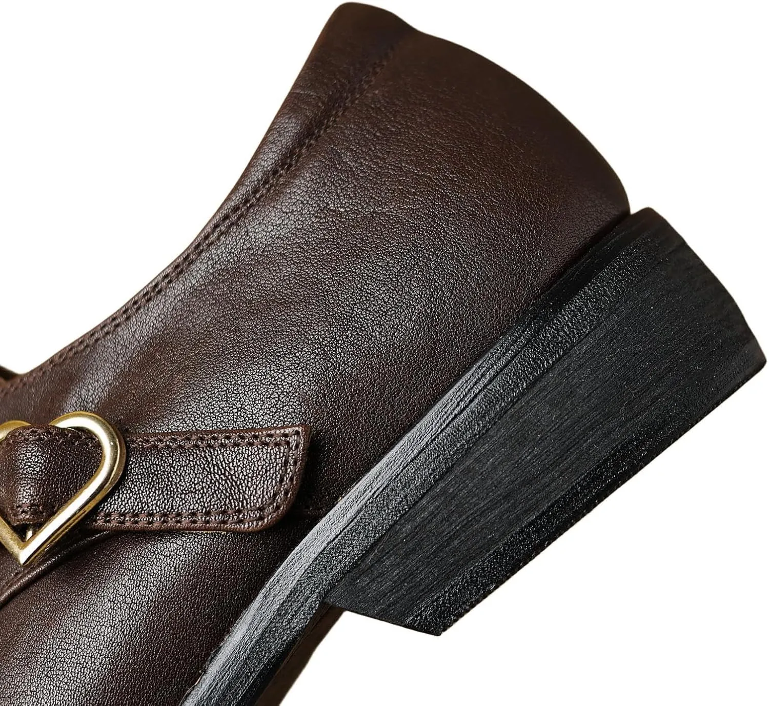 TinaCus Women's Genuine Leather Round Toe Heart Monk Strap Chunky Heel Handmade Loafers Shoes