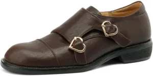 TinaCus Women's Genuine Leather Round Toe Heart Monk Strap Chunky Heel Handmade Loafers Shoes