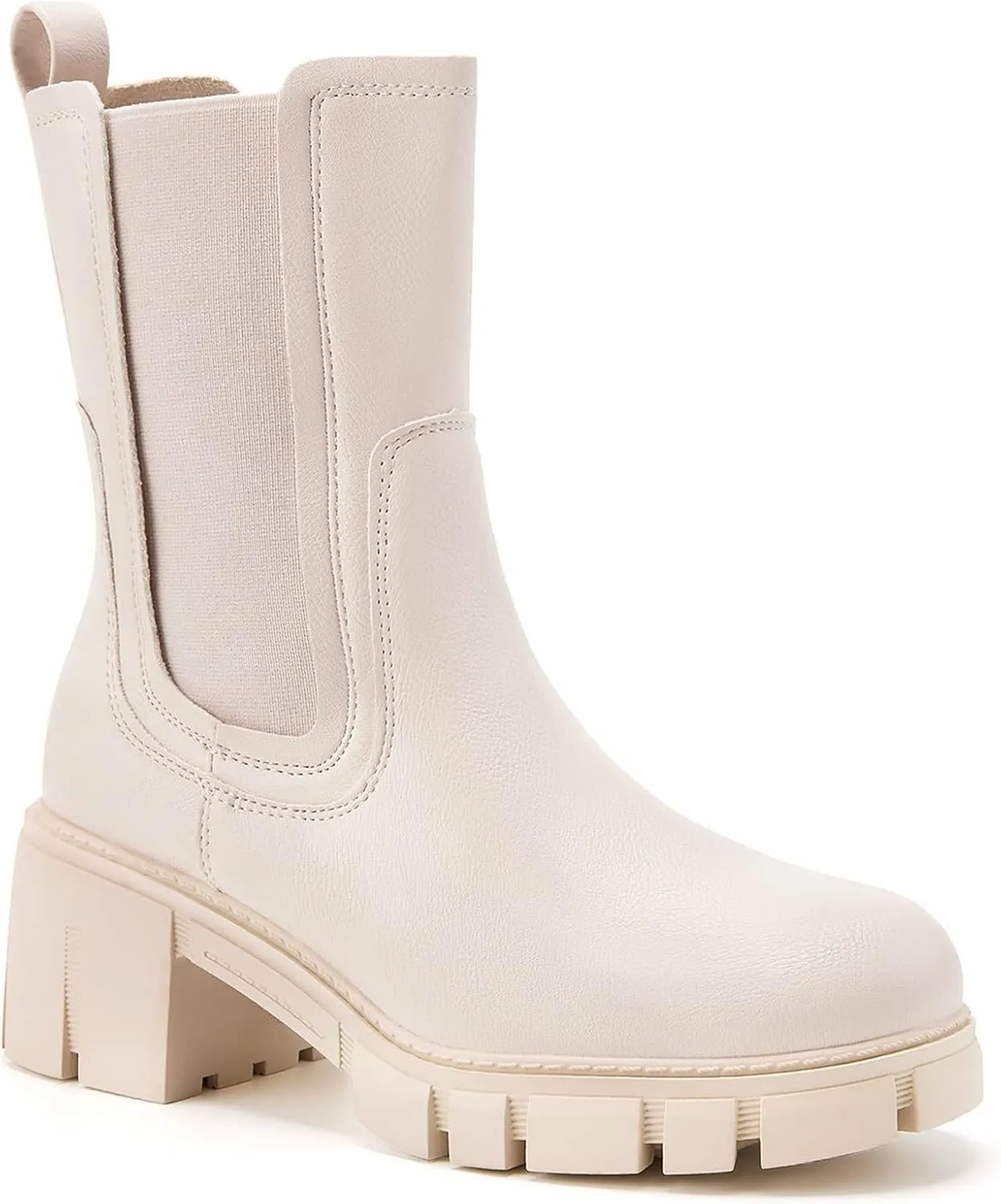 TINSTREE Women's Lug Sole Platform Boots Mid Calf Elastic Chunky Block Heel Leather Chelsea Booties