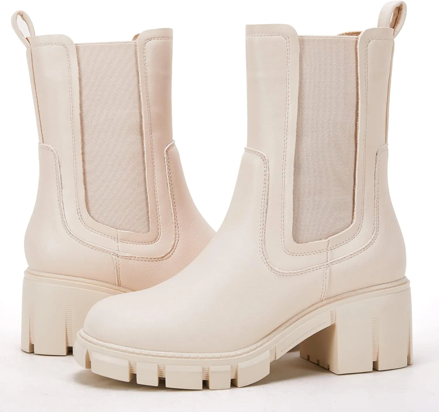 TINSTREE Women's Lug Sole Platform Boots Mid Calf Elastic Chunky Block Heel Leather Chelsea Booties