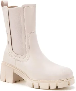 TINSTREE Women's Lug Sole Platform Boots Mid Calf Elastic Chunky Block Heel Leather Chelsea Booties