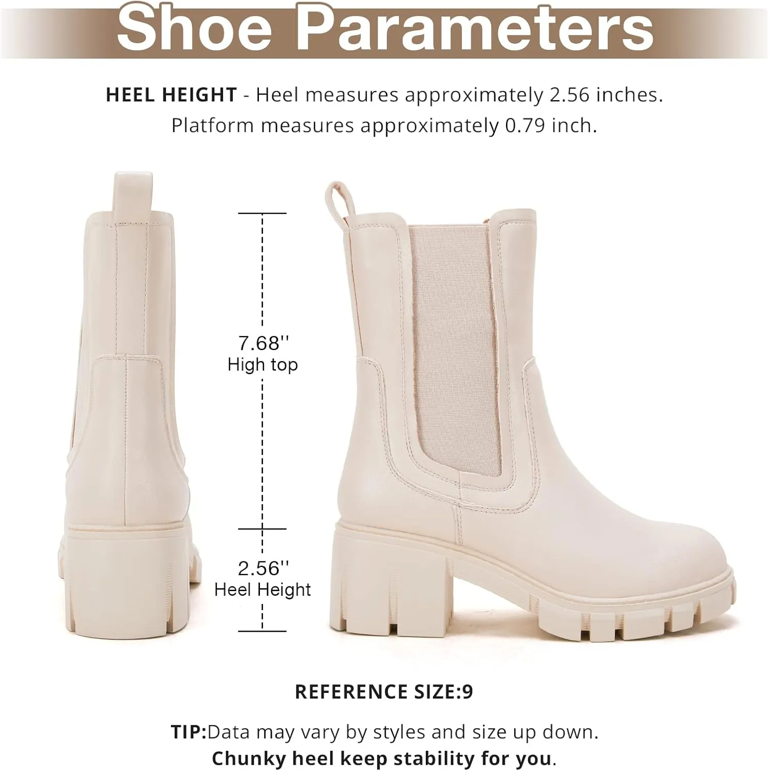 TINSTREE Women's Lug Sole Platform Boots Mid Calf Elastic Chunky Block Heel Leather Chelsea Booties