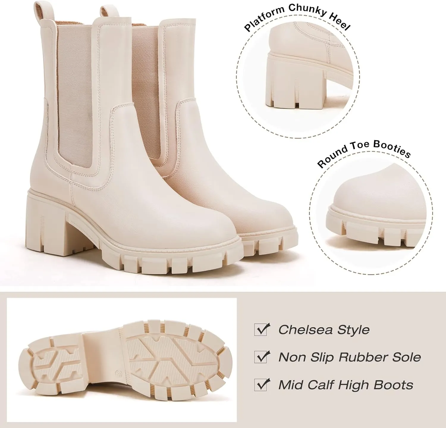 TINSTREE Women's Lug Sole Platform Boots Mid Calf Elastic Chunky Block Heel Leather Chelsea Booties