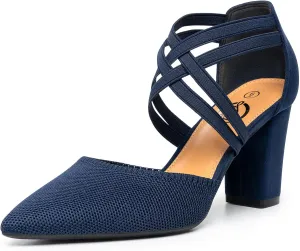Trary Heels for Women, Chunky Heels for Women, Closed Pointed Toe Heels Comfortable Womens Pumps Elastic Double Crisscross Strap Low Heel Pumps for Women 3.5 Inch Heels Dress Shoes for Women