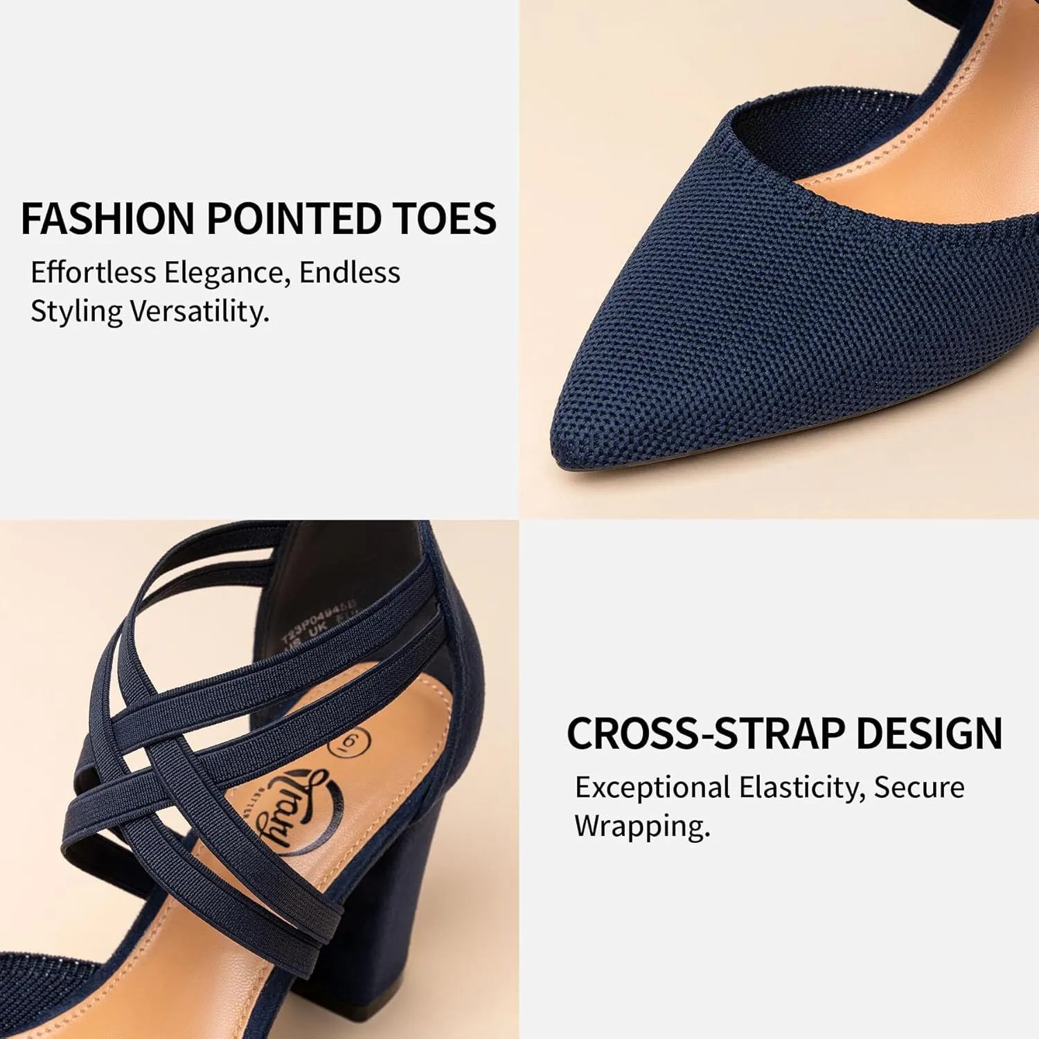 Trary Heels for Women, Chunky Heels for Women, Closed Pointed Toe Heels Comfortable Womens Pumps Elastic Double Crisscross Strap Low Heel Pumps for Women 3.5 Inch Heels Dress Shoes for Women