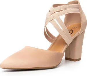 Trary Heels for Women, Chunky Heels for Women, Closed Pointed Toe Heels Comfortable Womens Pumps Elastic Double Crisscross Strap Low Heel Pumps for Women 3.5 Inch Heels Dress Shoes for Women