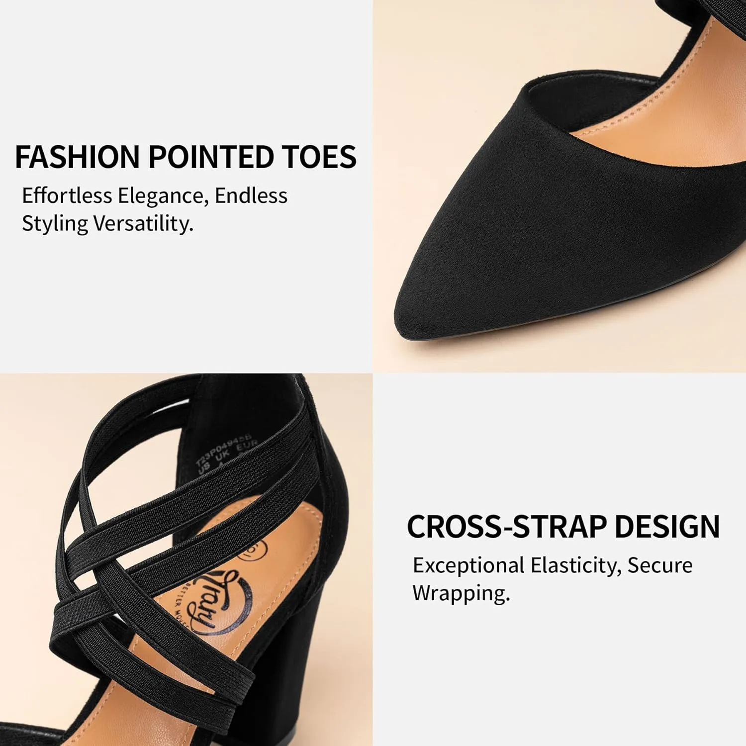 Trary Heels for Women, Chunky Heels for Women, Closed Pointed Toe Heels Comfortable Womens Pumps Elastic Double Crisscross Strap Low Heel Pumps for Women 3.5 Inch Heels Dress Shoes for Women