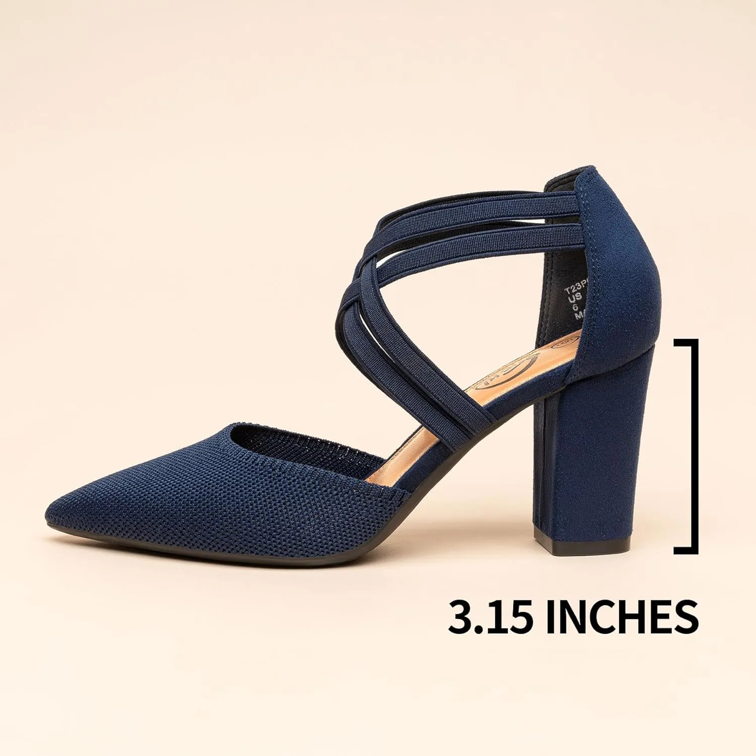 Trary Heels for Women, Chunky Heels for Women, Closed Pointed Toe Heels Comfortable Womens Pumps Elastic Double Crisscross Strap Low Heel Pumps for Women 3.5 Inch Heels Dress Shoes for Women