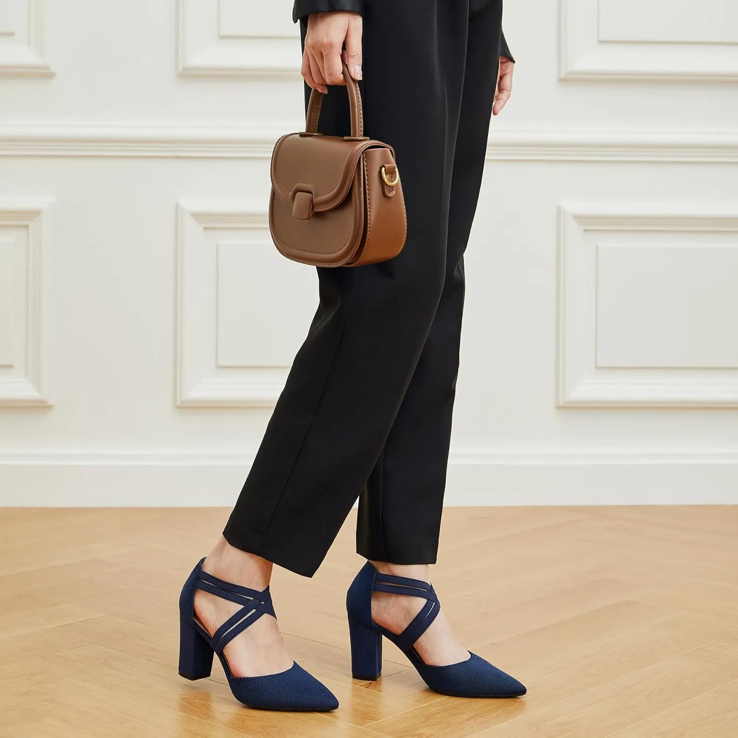 Trary Heels for Women, Chunky Heels for Women, Closed Pointed Toe Heels Comfortable Womens Pumps Elastic Double Crisscross Strap Low Heel Pumps for Women 3.5 Inch Heels Dress Shoes for Women