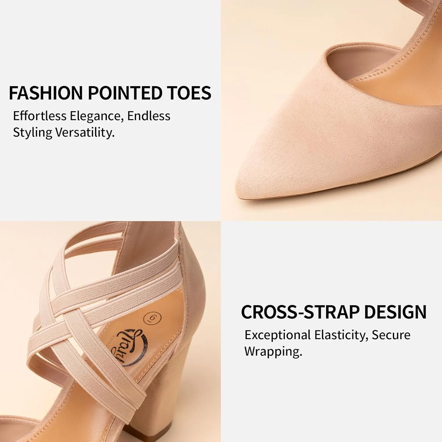 Trary Heels for Women, Chunky Heels for Women, Closed Pointed Toe Heels Comfortable Womens Pumps Elastic Double Crisscross Strap Low Heel Pumps for Women 3.5 Inch Heels Dress Shoes for Women