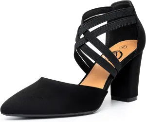 Trary Heels for Women, Chunky Heels for Women, Closed Pointed Toe Heels Comfortable Womens Pumps Elastic Double Crisscross Strap Low Heel Pumps for Women 3.5 Inch Heels Dress Shoes for Women