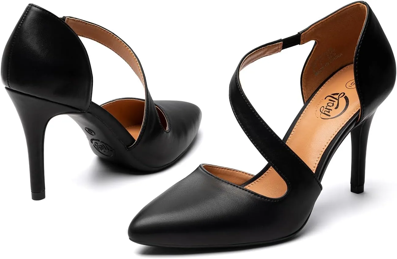 Trary Heels for Women Dress Closed Pointed Toe Heels Comfortable Stiletto High Heels Pumps Sexy Slip On D'Orsay Pumps with Cross Elastic Straps Work Wedding Party Shoes for Women