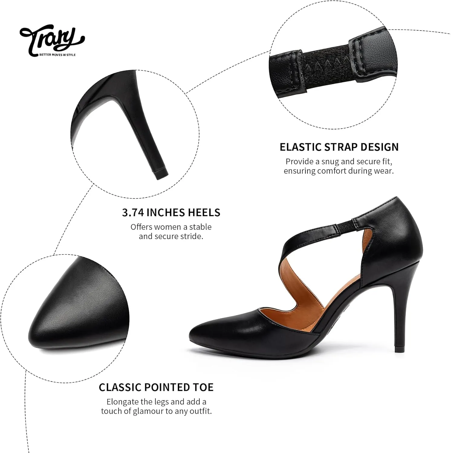 Trary Heels for Women Dress Closed Pointed Toe Heels Comfortable Stiletto High Heels Pumps Sexy Slip On D'Orsay Pumps with Cross Elastic Straps Work Wedding Party Shoes for Women