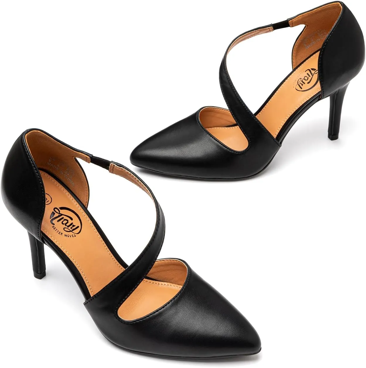 Trary Heels for Women Dress Closed Pointed Toe Heels Comfortable Stiletto High Heels Pumps Sexy Slip On D'Orsay Pumps with Cross Elastic Straps Work Wedding Party Shoes for Women