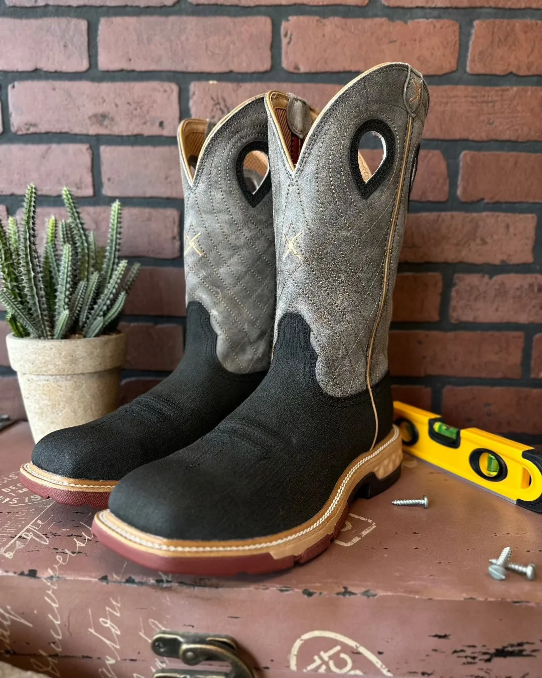 Twisted X 12" Men's Black and Grey Hybrid Leather Alloy Safety Toe Western Work Boots MXBA002