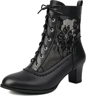 Uniquelly Women Vintage Victorian Boots Kitten Heel Lace Up Ankle Boots 70s Witch Granny Booties Side Zipper Round Toe Victorian Shoes