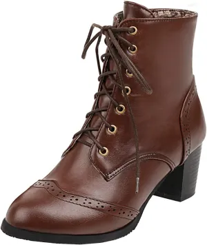 Uniquelly Womens Wingtip Booties Chunky Heel Ankle Boots Lace Up Round Toe Vintage Comfortable Winter Shoes