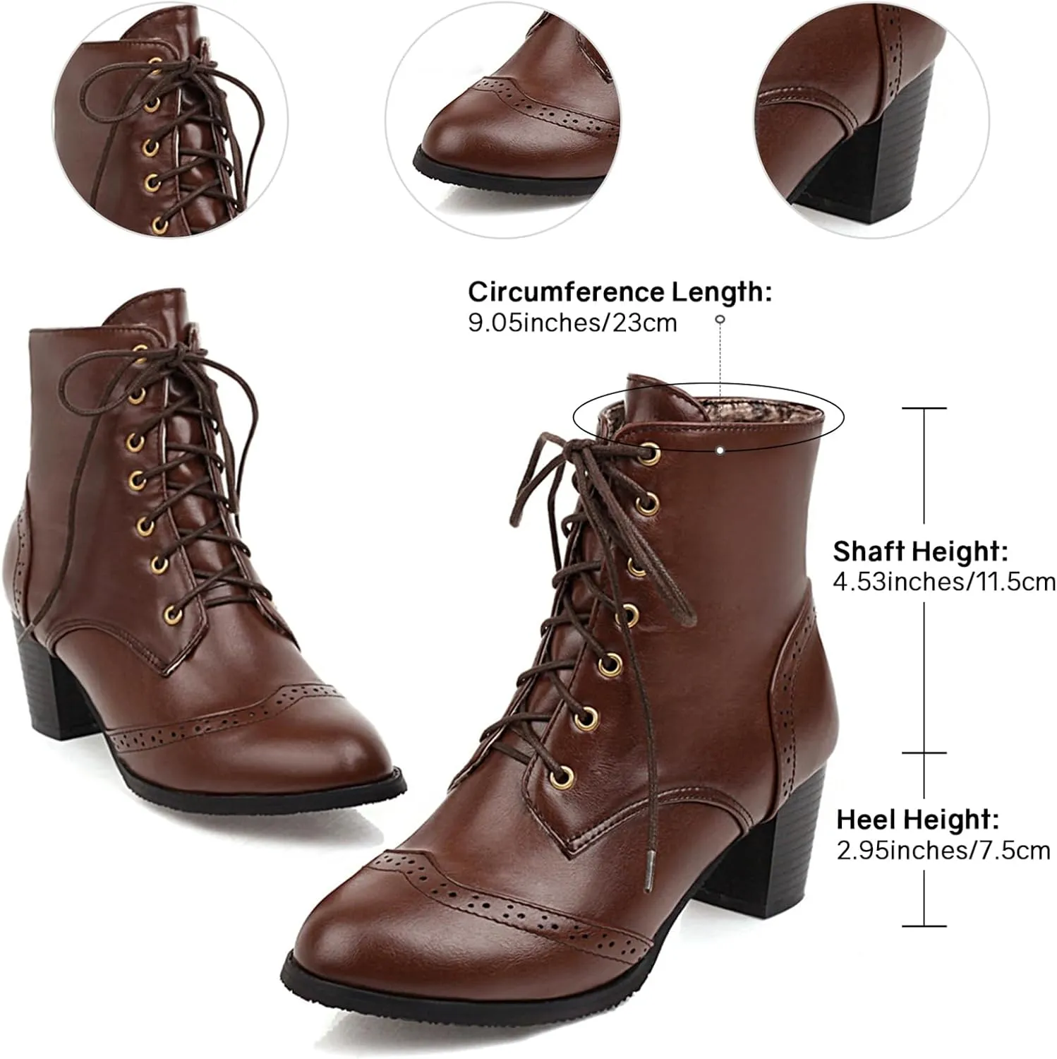 Uniquelly Womens Wingtip Booties Chunky Heel Ankle Boots Lace Up Round Toe Vintage Comfortable Winter Shoes