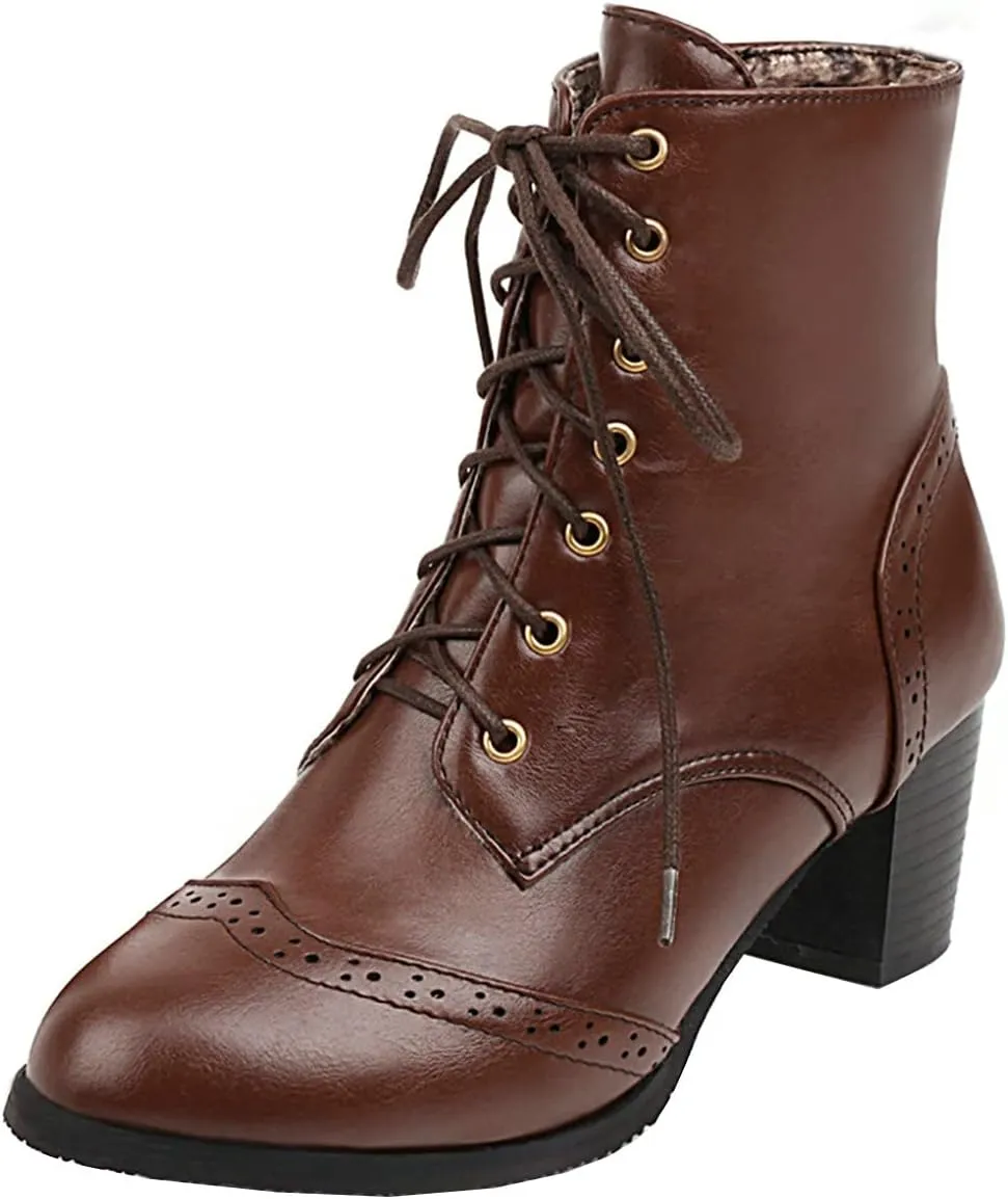 Uniquelly Womens Wingtip Booties Chunky Heel Ankle Boots Lace Up Round Toe Vintage Comfortable Winter Shoes