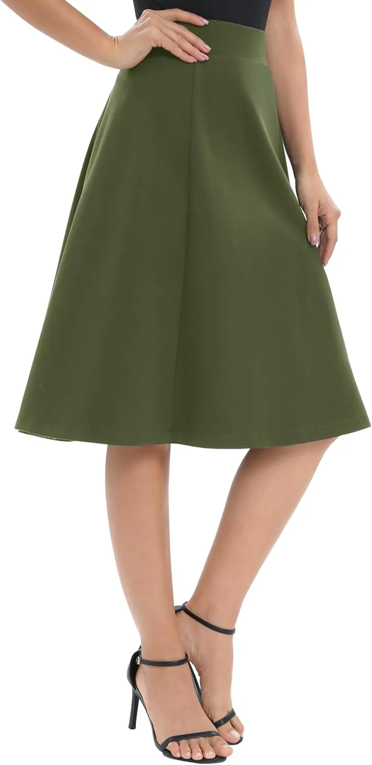 Urban CoCo Women's A-Line Elastic High Waist Flare Work Midi Knee Length Stretchy Skirt