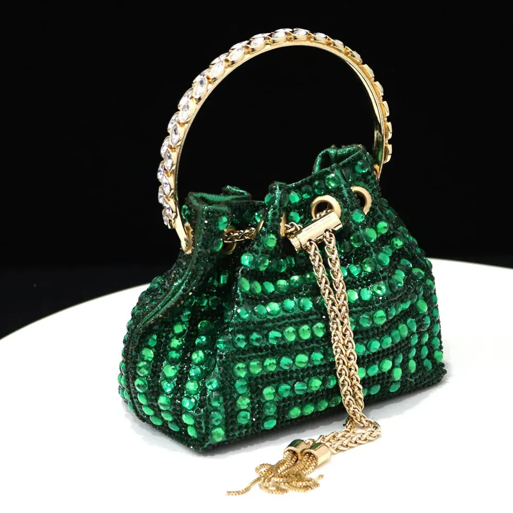 Venus Chan High Heels for Lady Luxury Designer Green Color Full Diamond Pointed Toe Wedding Shoe and Bag Set for Party