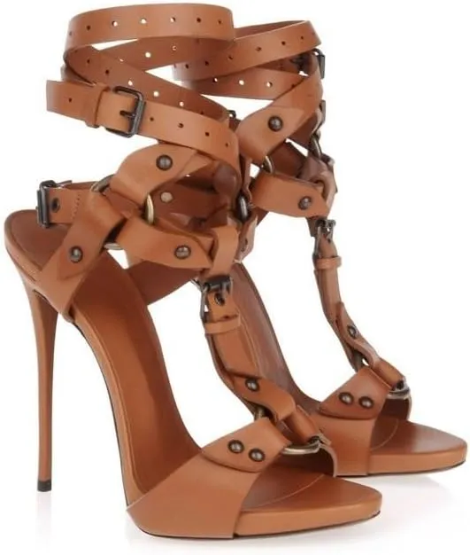 VERISSON Women's Peep Toe Buckle Strap Stiletto Sandals Grommets Rivet T-strap Band Open-back High Heels Nubuck Summer Sandals for Evening Party