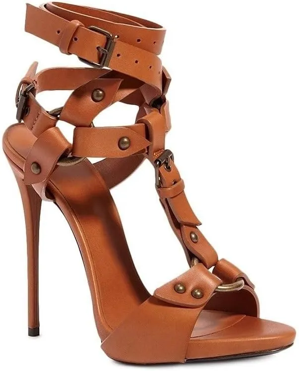 VERISSON Women's Peep Toe Buckle Strap Stiletto Sandals Grommets Rivet T-strap Band Open-back High Heels Nubuck Summer Sandals for Evening Party