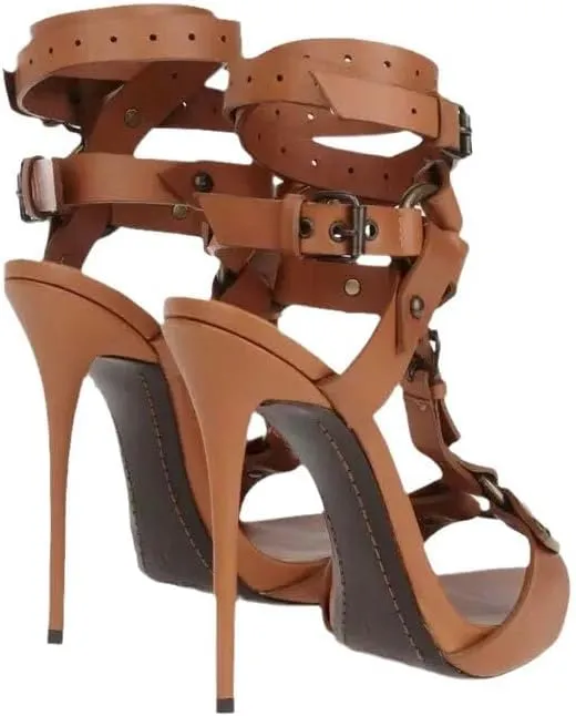 VERISSON Women's Peep Toe Buckle Strap Stiletto Sandals Grommets Rivet T-strap Band Open-back High Heels Nubuck Summer Sandals for Evening Party